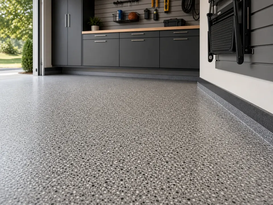 Flake-coated garage floor close-up