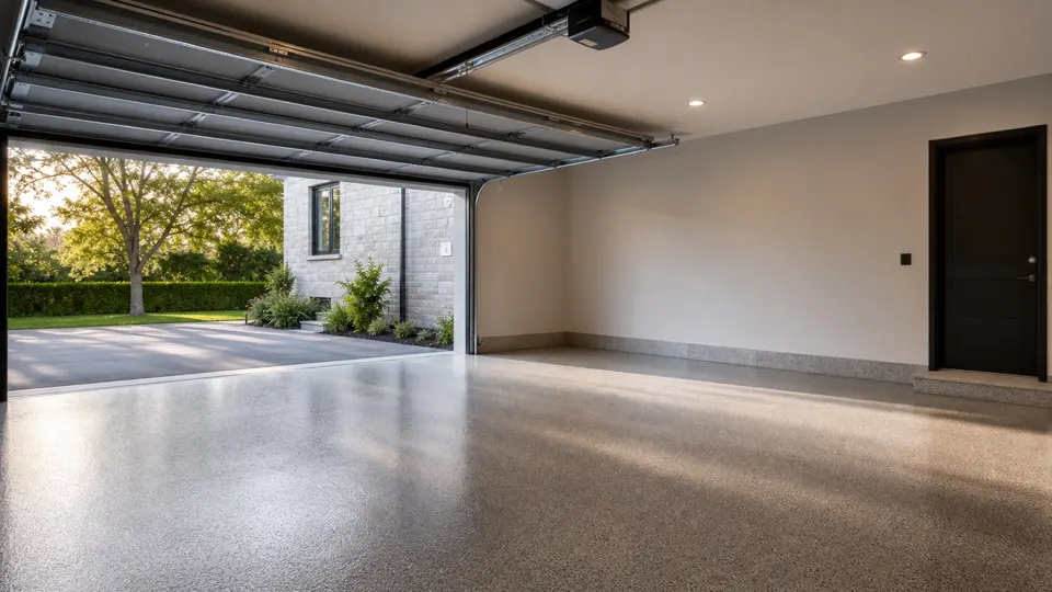 Bright garage with a coated concrete floor